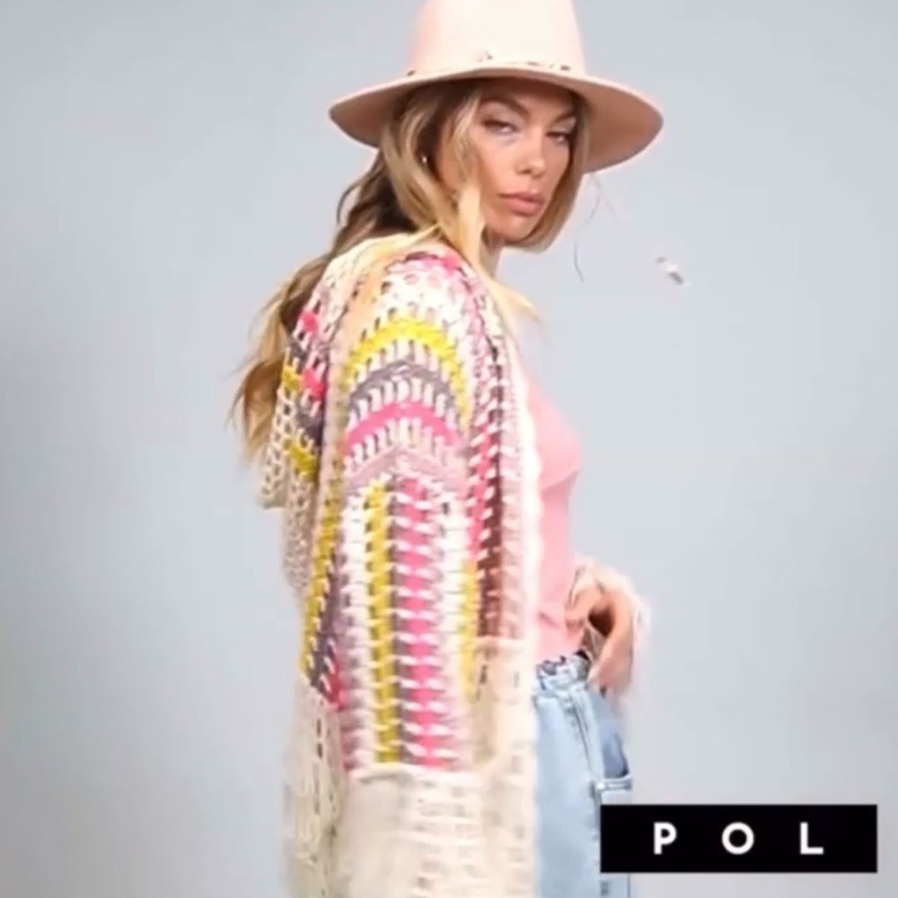 POL Openwork Crochet Fringe Cardigan in Cream, Yellow & Pink Size Large Hooded - Picture 9 of 9